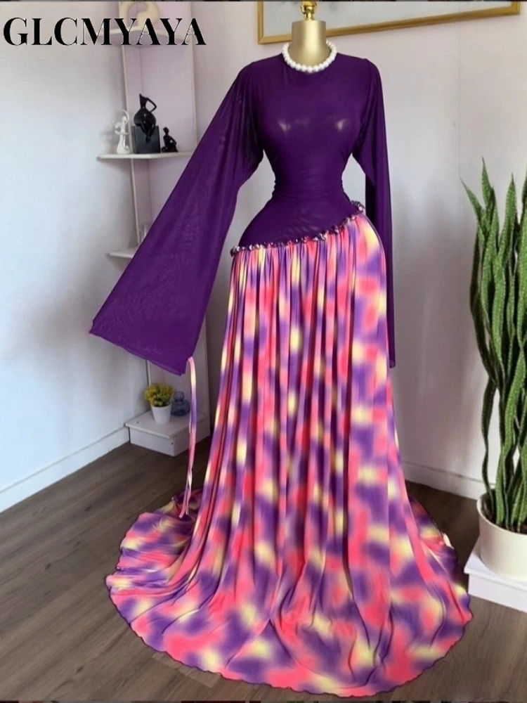 GLCMYAYA 2026 Women Mesh Print Full Sleeve O-neck Elegant Long Dress Fall Birthday Holiday Evening Sexy Party Dresses Vestidos