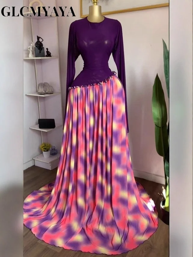 GLCMYAYA 2026 Women Mesh Print Full Sleeve O-neck Elegant Long Dress Fall Birthday Holiday Evening Sexy Party Dresses Vestidos