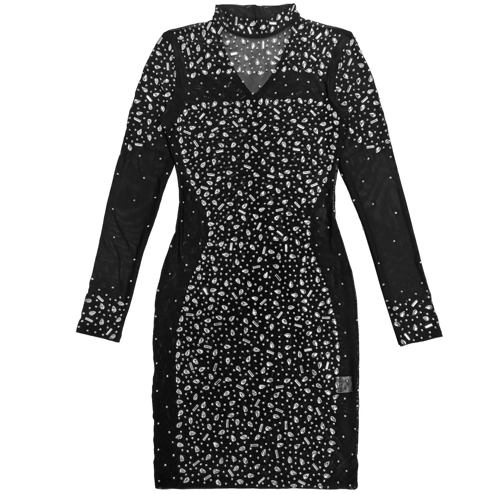 GLCMYAYA 2026 Fall Diamonds See Through O-neck Women Long Sleeve Bodycon Mini Dress Birthday Party Evening Sexy Maxi Dresses