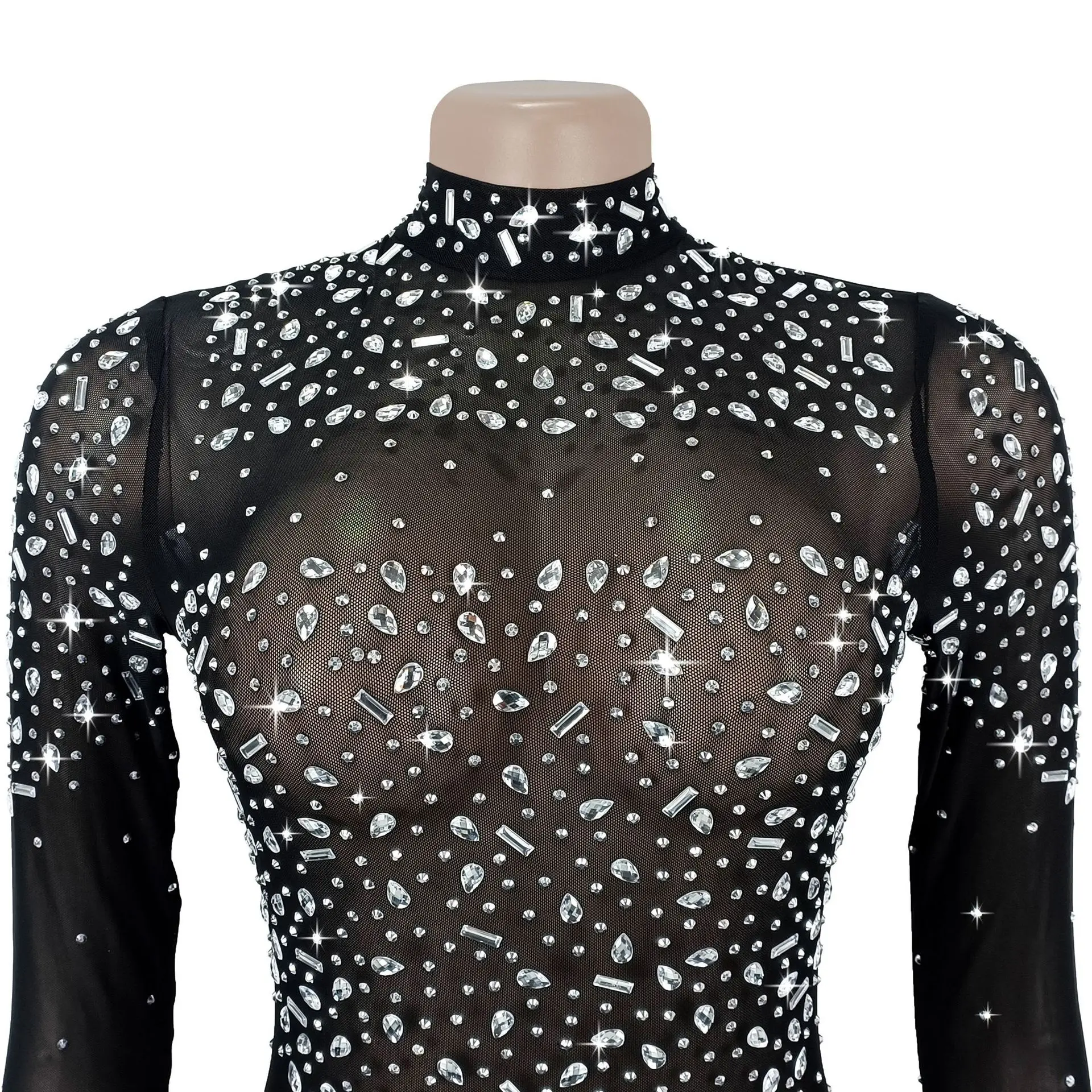 GLCMYAYA 2026 Fall Diamonds See Through O-neck Women Long Sleeve Bodycon Mini Dress Birthday Party Evening Sexy Maxi Dresses