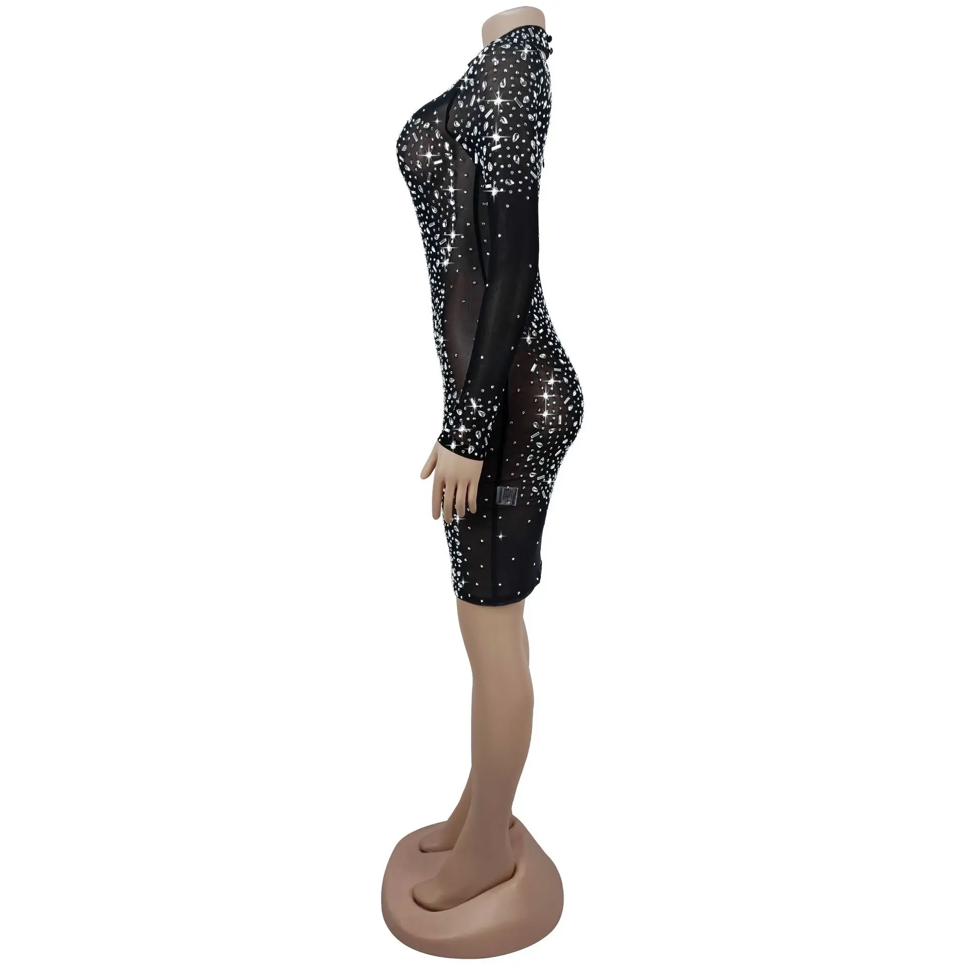 GLCMYAYA 2026 Fall Diamonds See Through O-neck Women Long Sleeve Bodycon Mini Dress Birthday Party Evening Sexy Maxi Dresses