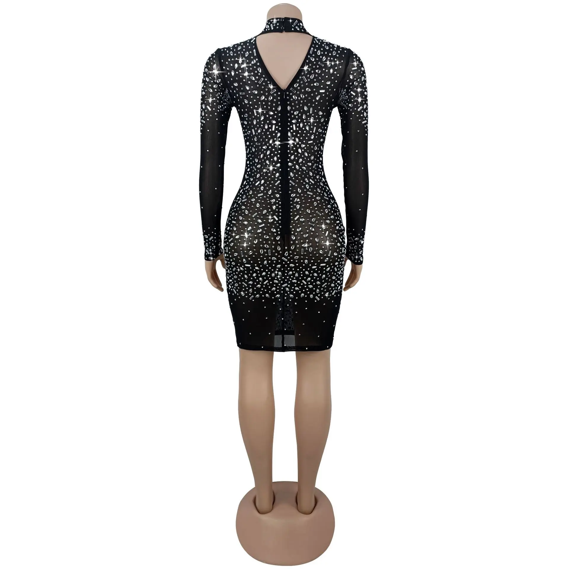 GLCMYAYA 2026 Fall Diamonds See Through O-neck Women Long Sleeve Bodycon Mini Dress Birthday Party Evening Sexy Maxi Dresses