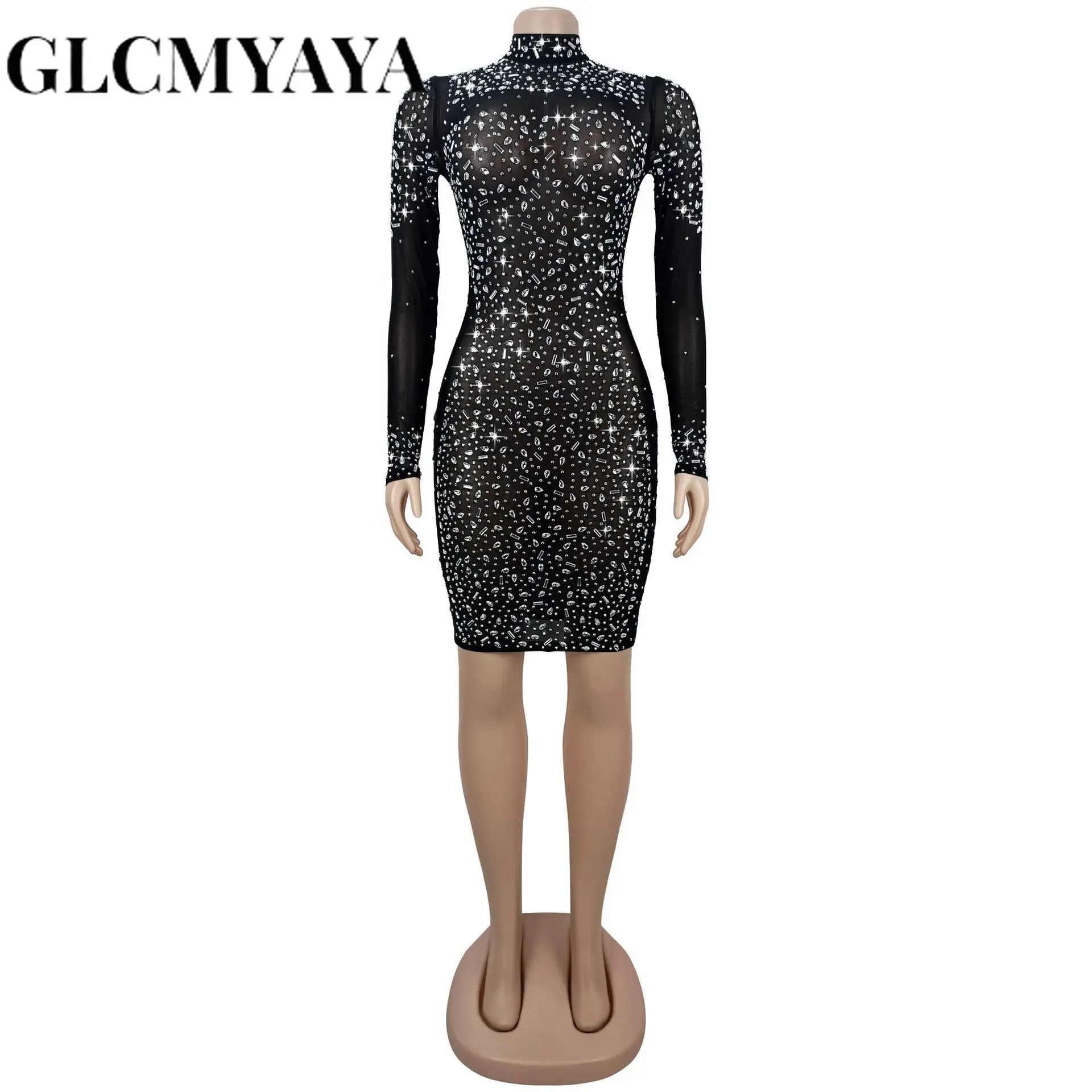 GLCMYAYA 2026 Fall Diamonds See Through O-neck Women Long Sleeve Bodycon Mini Dress Birthday Party Evening Sexy Maxi Dresses GLCMYAYA 2026 Fall Diamonds See Through O-neck Women Long Sleeve Bodycon Mini Dress Birthday Party Evening Sexy Maxi Dresses