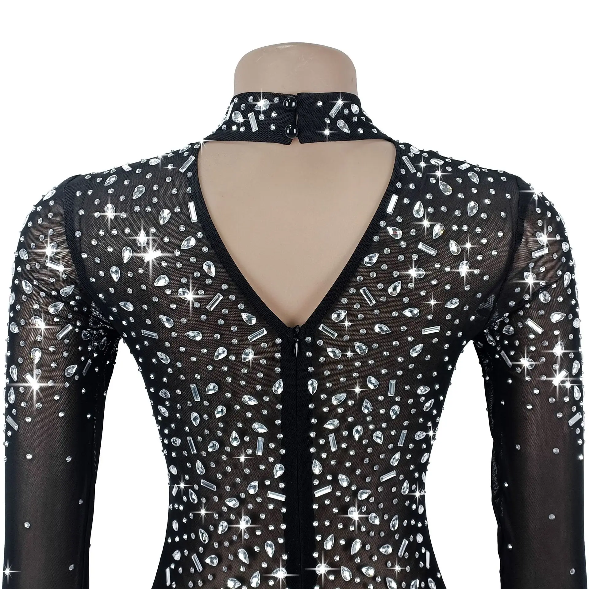 GLCMYAYA 2026 Fall Diamonds See Through O-neck Women Long Sleeve Bodycon Mini Dress Birthday Party Evening Sexy Maxi Dresses