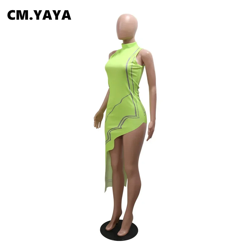 CM.YAYA Women Striped Side Printed Turtleneck Sleeveless Bodycon Midi Irregular Maxi Dress Club Sexy Party Long Dresses Vestido