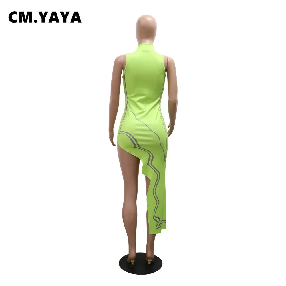 CM.YAYA Women Striped Side Printed Turtleneck Sleeveless Bodycon Midi Irregular Maxi Dress Club Sexy Party Long Dresses Vestido