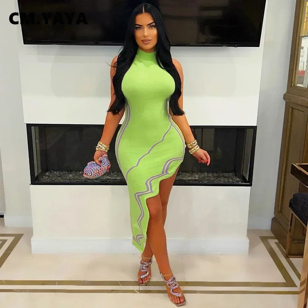 CM.YAYA Women Striped Side Printed Turtleneck Sleeveless Bodycon Midi Irregular Maxi Dress Club Sexy Party Long Dresses Vestido