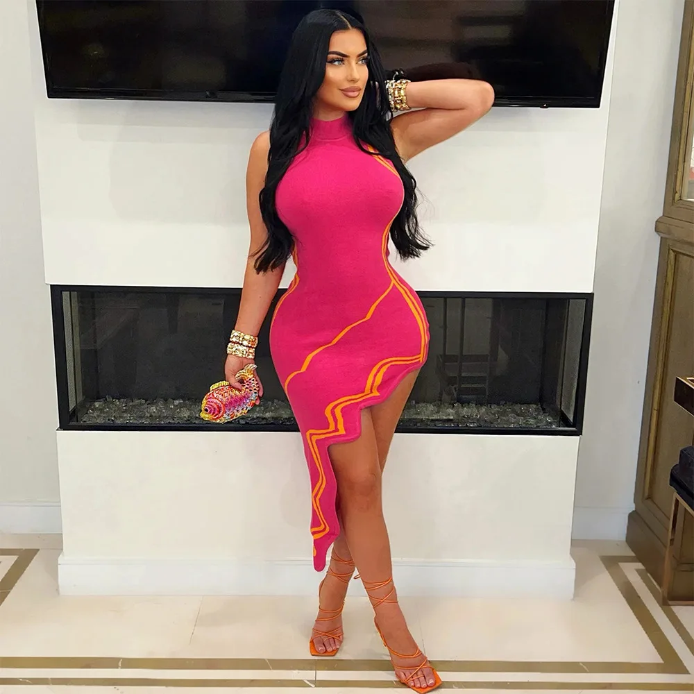 CM.YAYA Women Striped Side Printed Turtleneck Sleeveless Bodycon Midi Irregular Maxi Dress Club Sexy Party Long Dresses Vestido CM.YAYA Women Striped Side Printed Turtleneck Sleeveless Bodycon Midi Irregular Maxi Dress Club Sexy Party Long Dresses Vestido