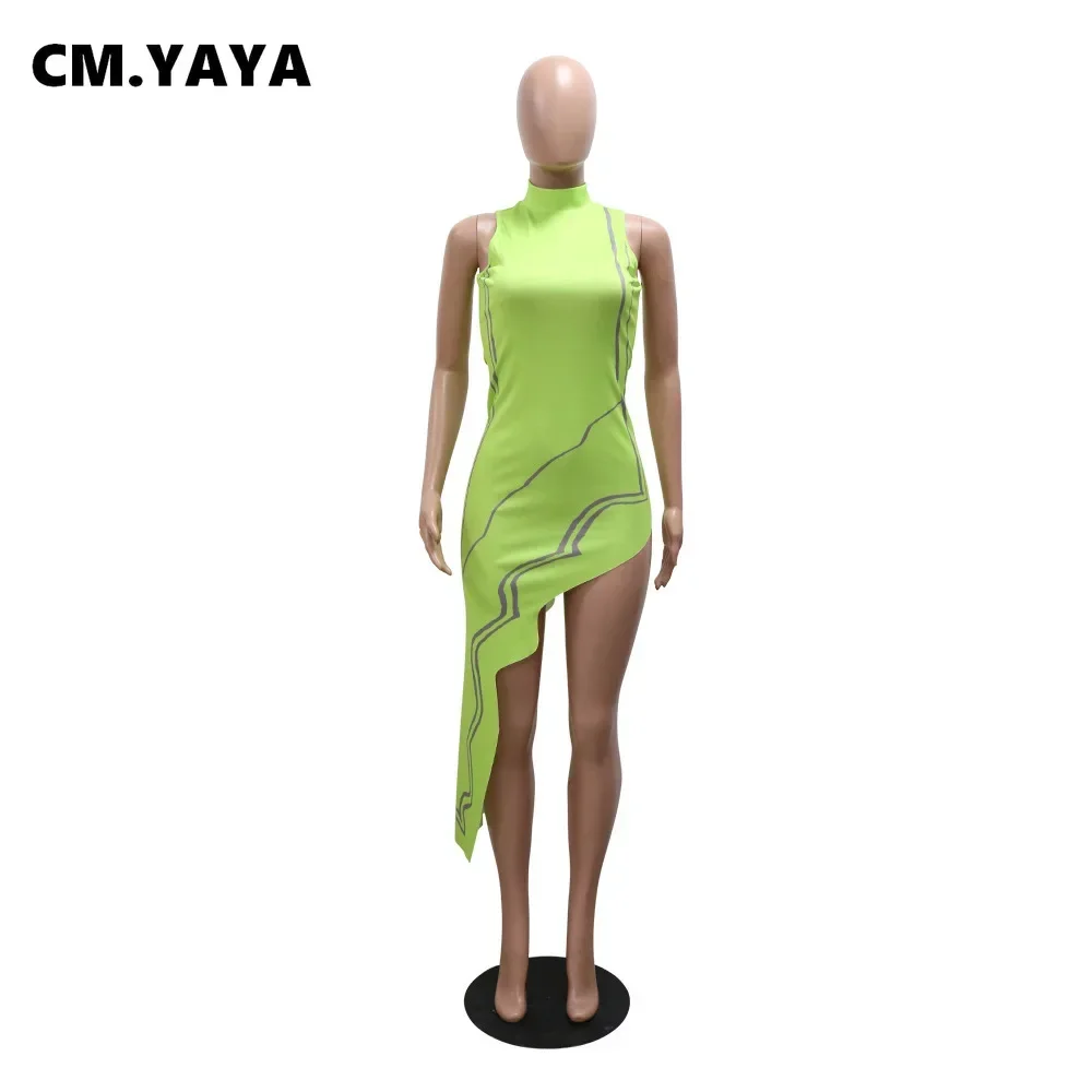 CM.YAYA Women Striped Side Printed Turtleneck Sleeveless Bodycon Midi Irregular Maxi Dress Club Sexy Party Long Dresses Vestido