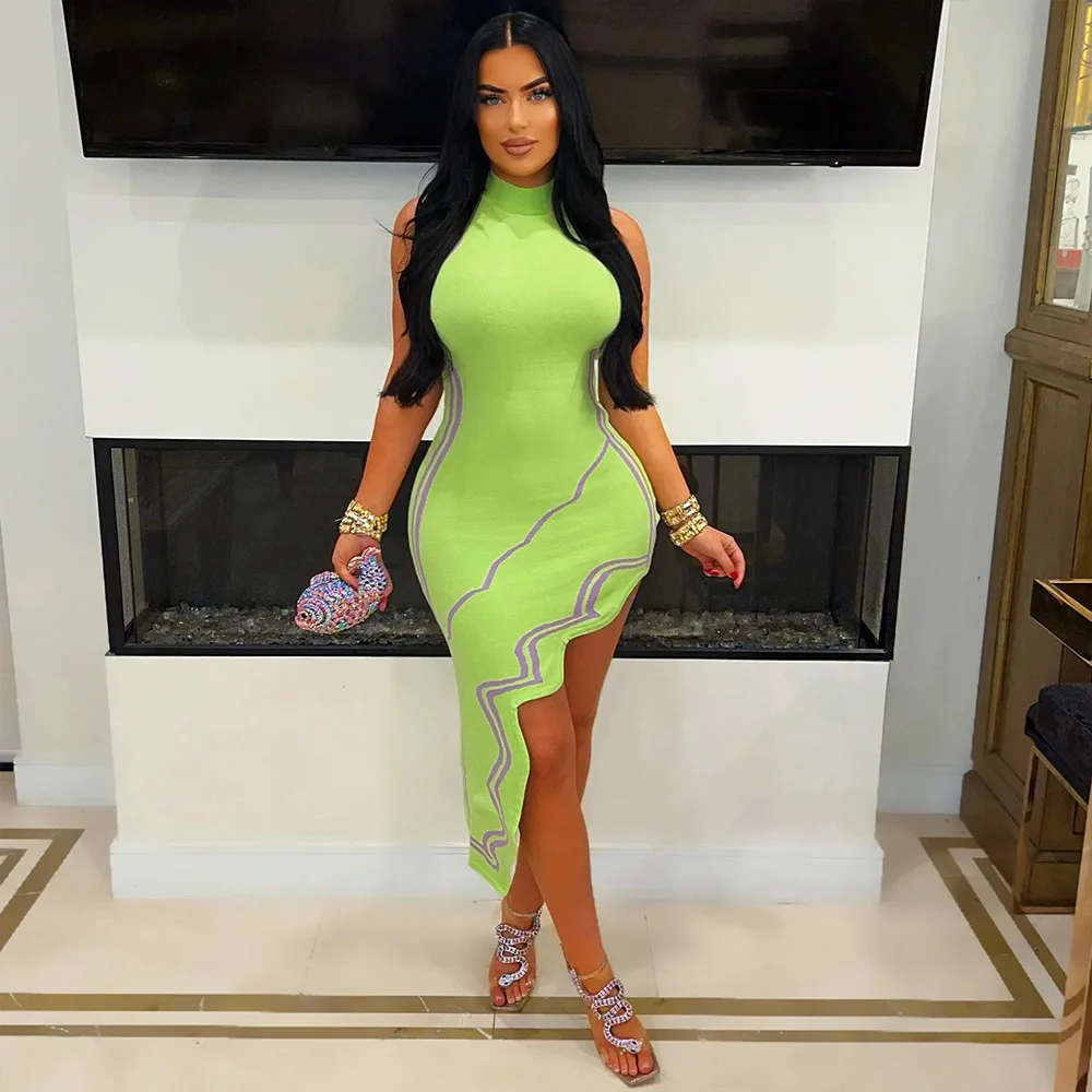 CM.YAYA Women Striped Side Printed Turtleneck Sleeveless Bodycon Midi Irregular Maxi Dress Club Sexy Party Long Dresses Vestido CM.YAYA Women Striped Side Printed Turtleneck Sleeveless Bodycon Midi Irregular Maxi Dress Club Sexy Party Long Dresses Vestido