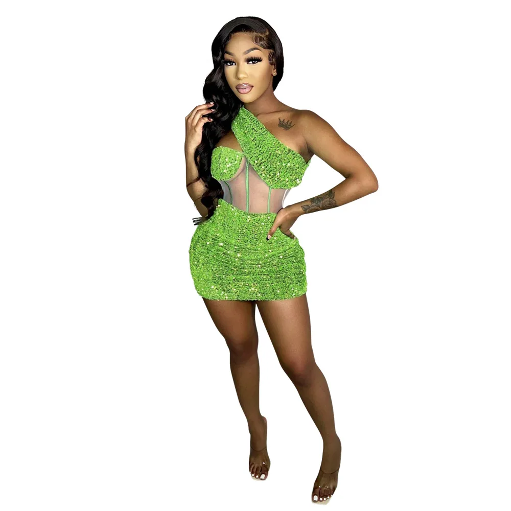 CM.YAYA Women Sequined Halter Neck Sleeveless Bodycon Mesh Patchwork Mini Midi Dress 2023 Summer Sexy Club Party Evening Dresses