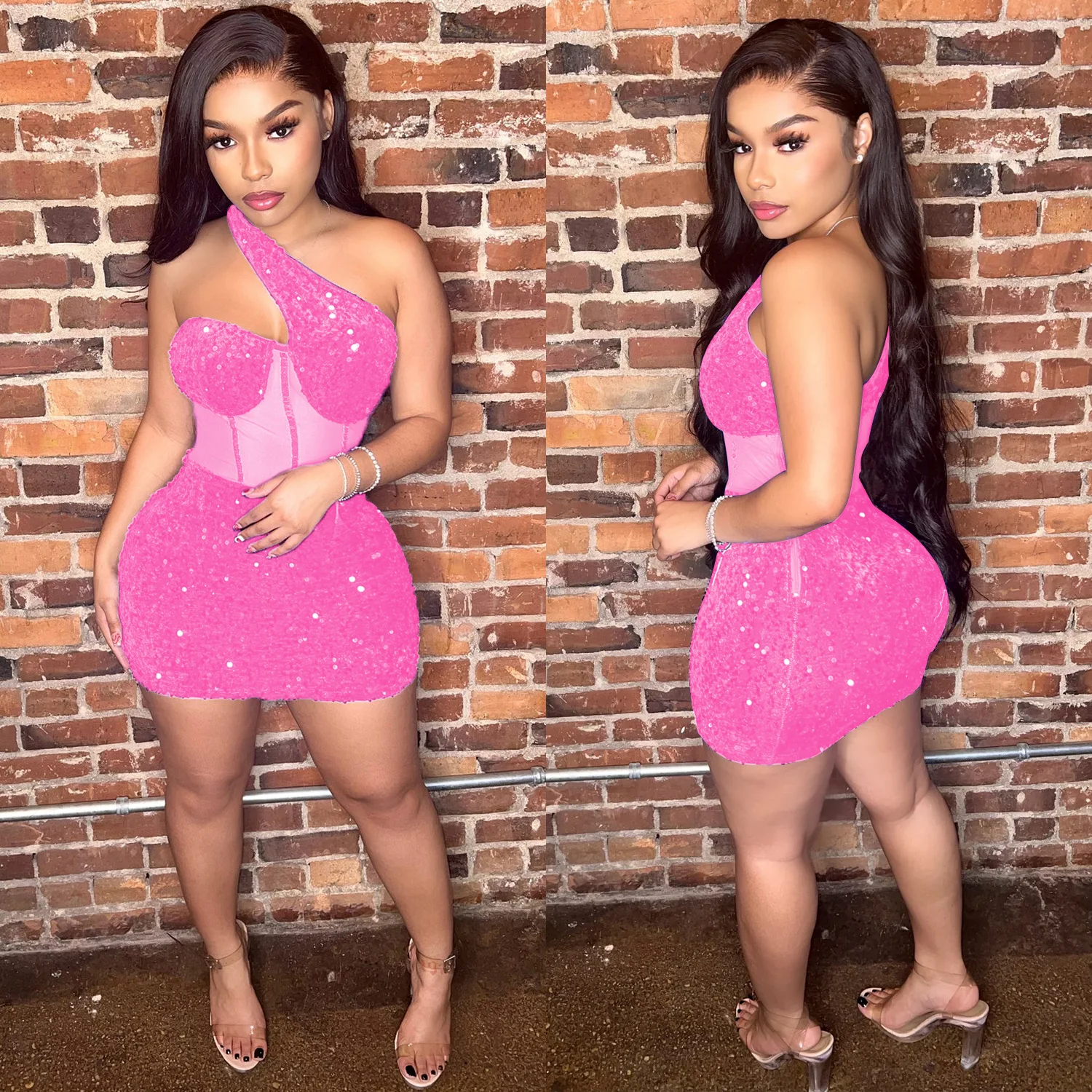 CM.YAYA Women Sequined Halter Neck Sleeveless Bodycon Mesh Patchwork Mini Midi Dress 2023 Summer Sexy Club Party Evening Dresses