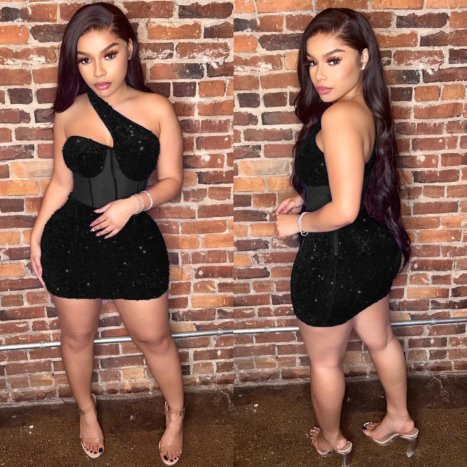 CM.YAYA Women Sequined Halter Neck Sleeveless Bodycon Mesh Patchwork Mini Midi Dress 2023 Summer Sexy Club Party Evening Dresses