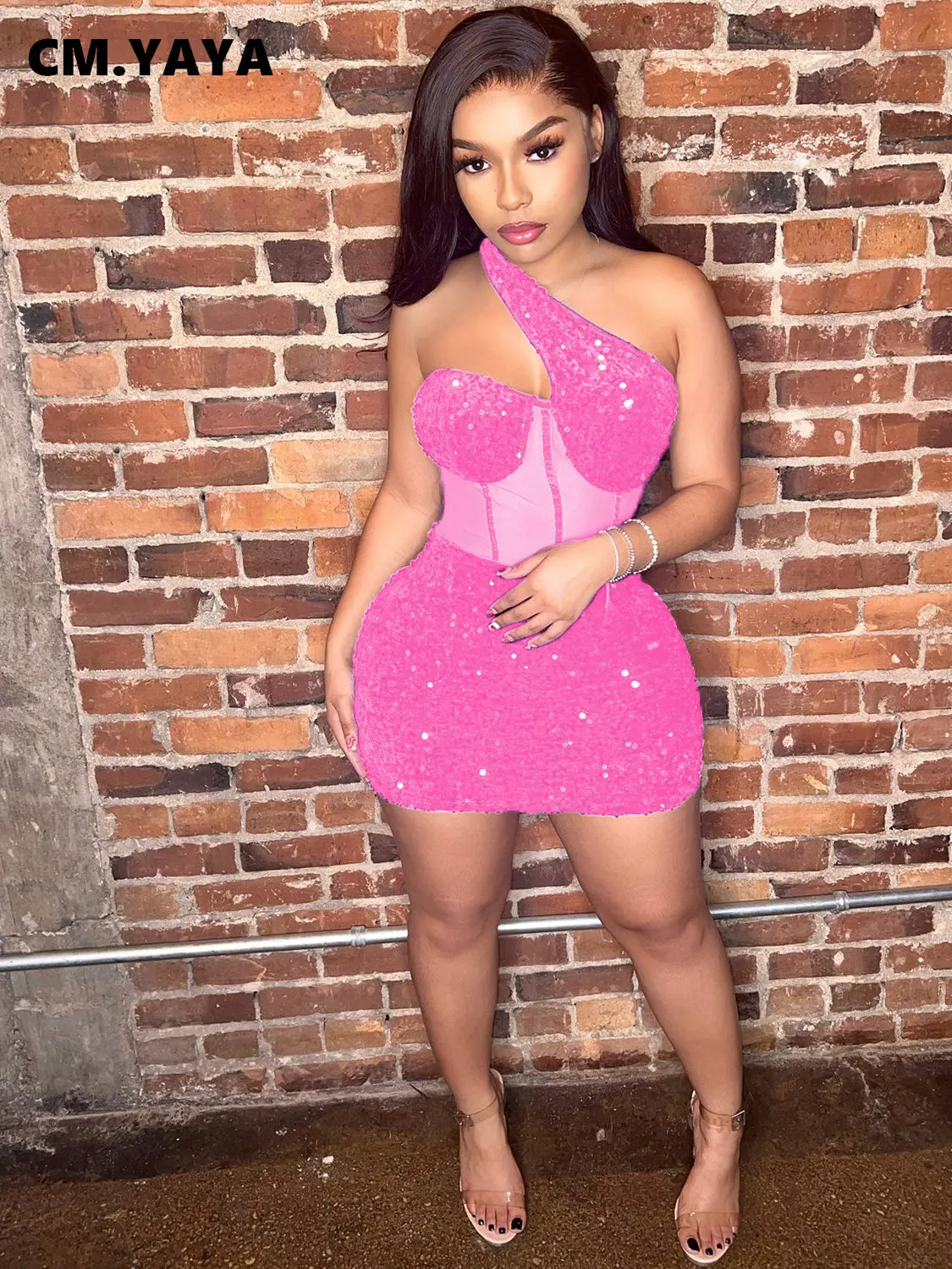 CM.YAYA Women Sequined Halter Neck Sleeveless Bodycon Mesh Patchwork Mini Midi Dress 2023 Summer Sexy Club Party Evening Dresses