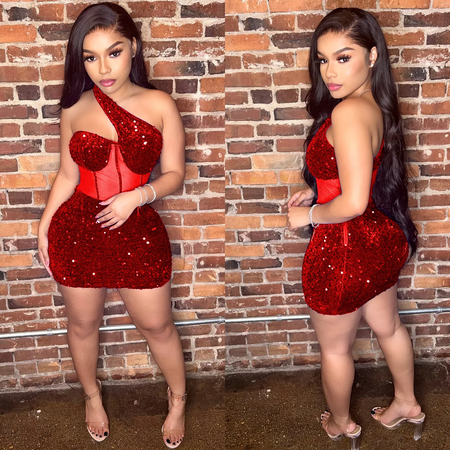 CM.YAYA Women Sequined Halter Neck Sleeveless Bodycon Mesh Patchwork Mini Midi Dress 2023 Summer Sexy Club Party Evening Dresses