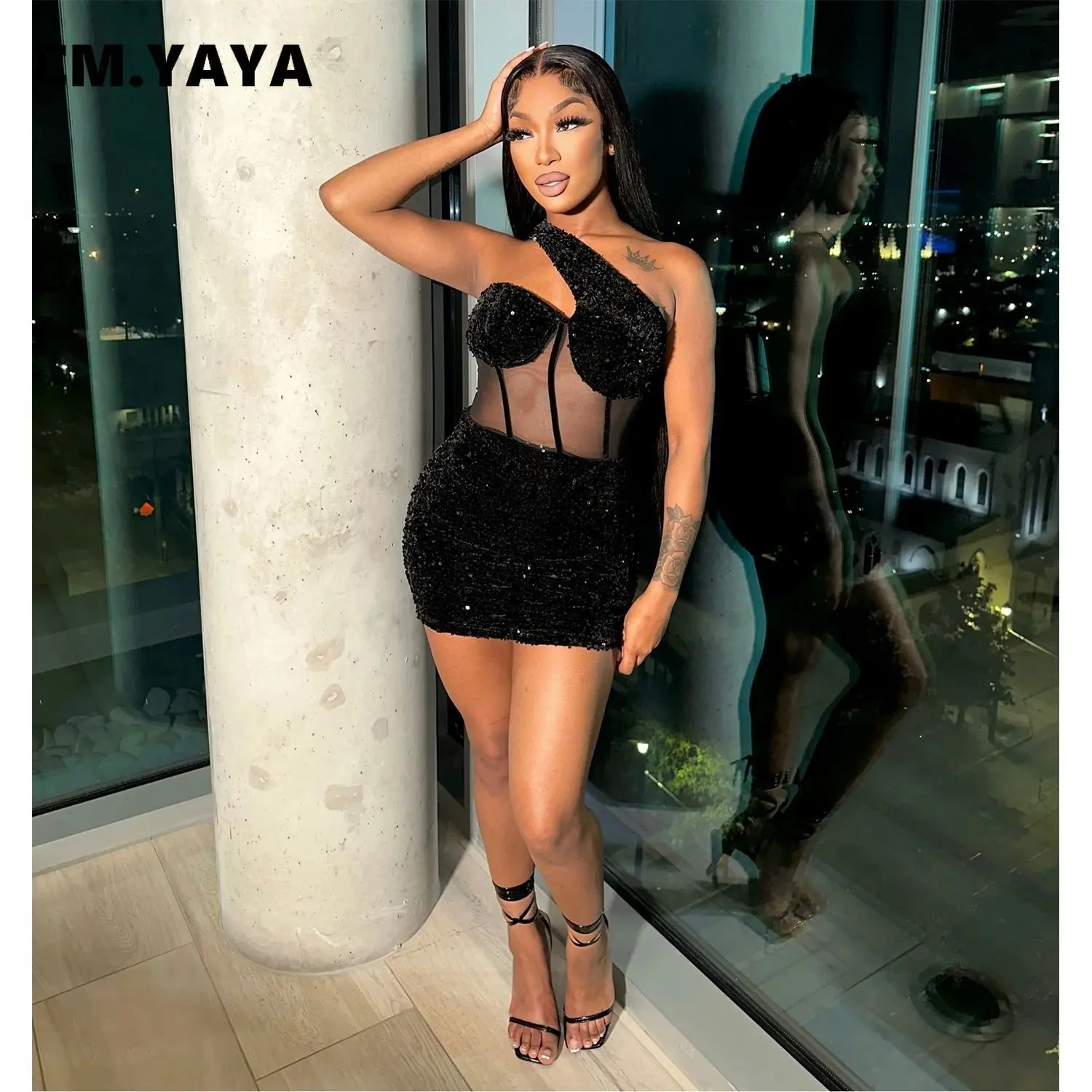 CM.YAYA Women Sequined Halter Neck Sleeveless Bodycon Mesh Patchwork Mini Midi Dress 2023 Summer Sexy Club Party Evening Dresses