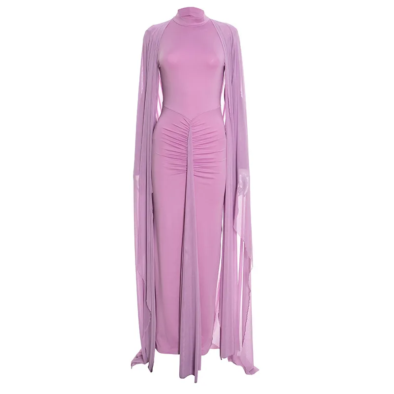 CM.YAYA Women Cloak Long Sleeve Backless Ruffles Ruched Formal Maxi Dress 2026 Elegant Education Party Cocktail Long Dresses