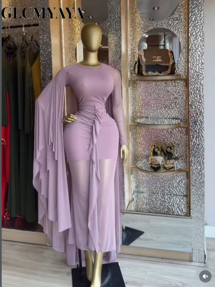 CM.YAYA Women Cloak Long Sleeve Backless Ruffles Ruched Formal Maxi Dress 2026 Elegant Education Party Cocktail Long Dresses