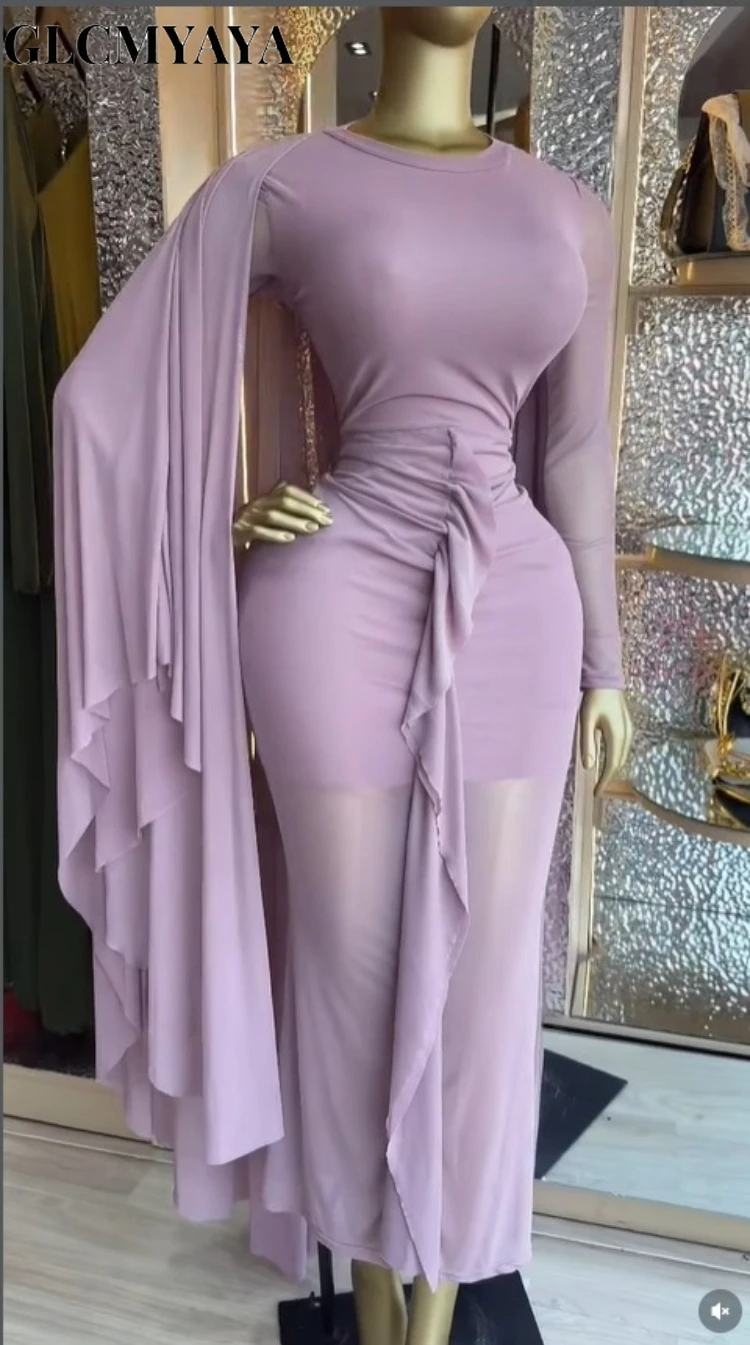 CM.YAYA Women Cloak Long Sleeve Backless Ruffles Ruched Formal Maxi Dress 2026 Elegant Education Party Cocktail Long Dresses