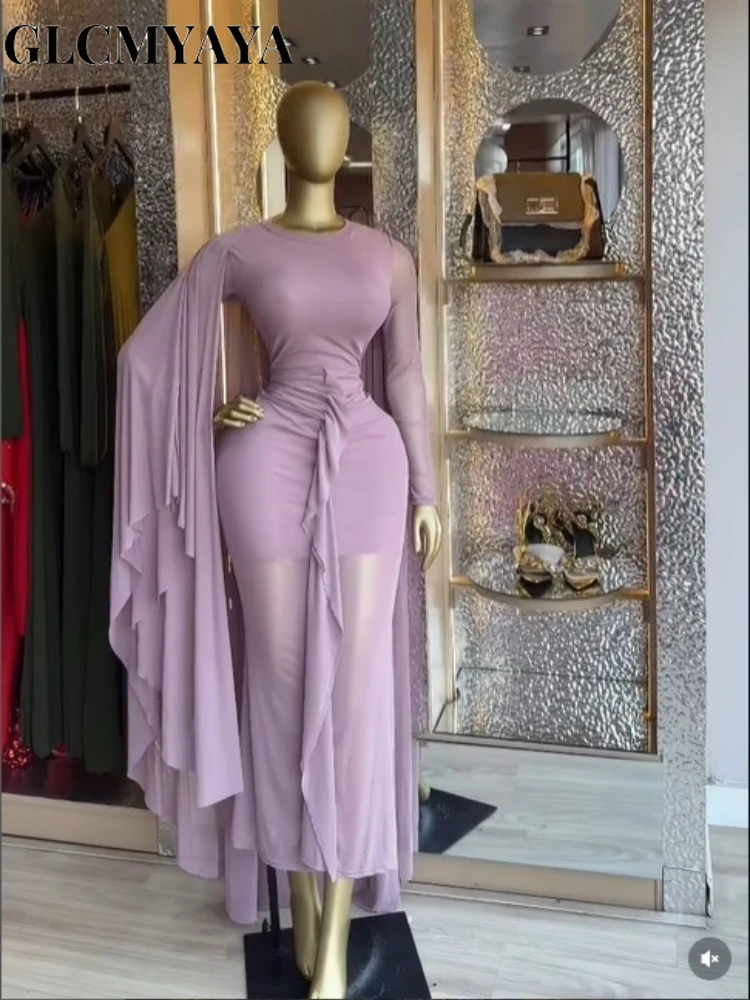 CM.YAYA Women Cloak Long Sleeve Backless Ruffles Ruched Formal Maxi Dress 2026 Elegant Education Party Cocktail Long Dresses