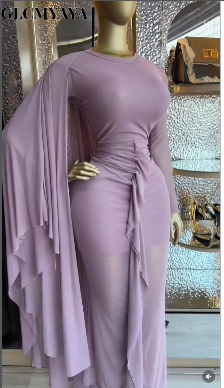 CM.YAYA Women Cloak Long Sleeve Backless Ruffles Ruched Formal Maxi Dress 2026 Elegant Education Party Cocktail Long Dresses