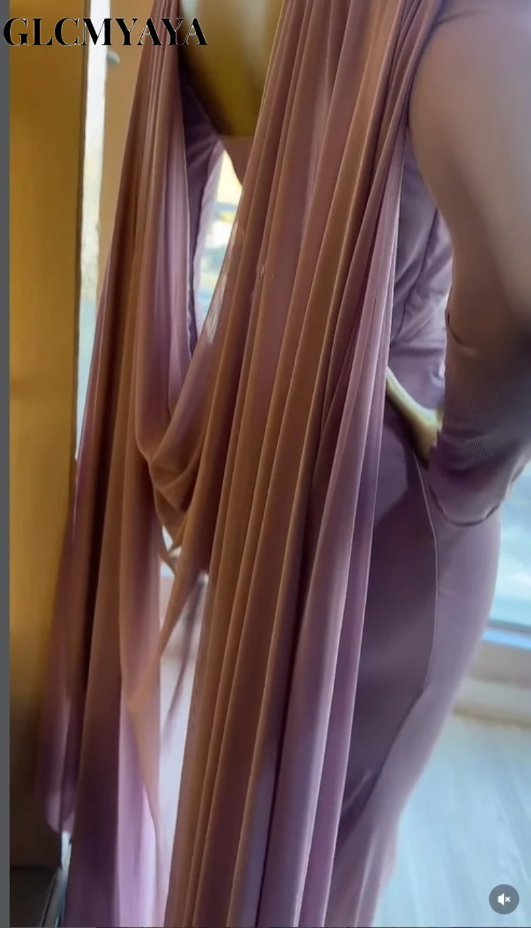 CM.YAYA Women Cloak Long Sleeve Backless Ruffles Ruched Formal Maxi Dress 2026 Elegant Education Party Cocktail Long Dresses