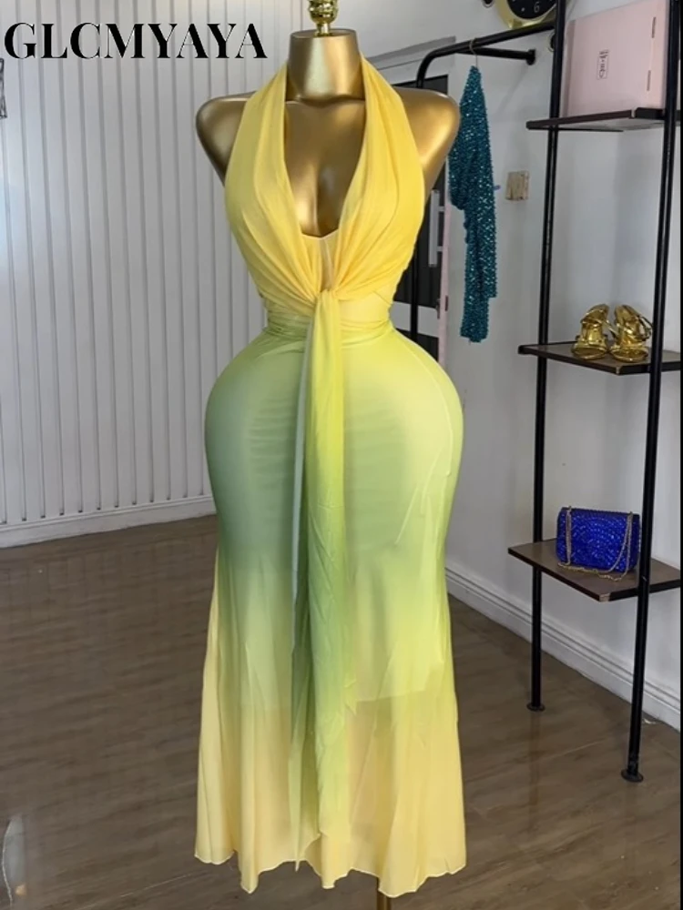 GLCMYAYA Women Gradient Printed Pile Collar Bodycon Midi Backless Maxi Long Dress 2025 Vacation Party Birthday Dresses Vestidos