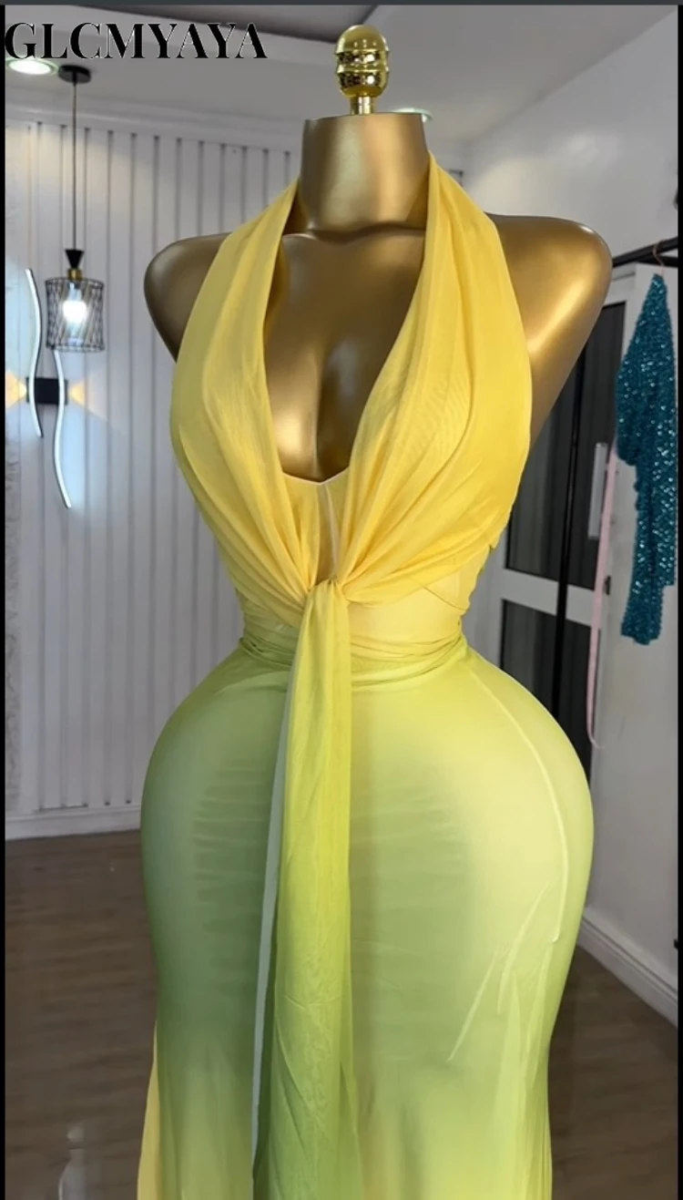 GLCMYAYA Women Gradient Printed Pile Collar Bodycon Midi Backless Maxi Long Dress 2025 Vacation Party Birthday Dresses Vestidos