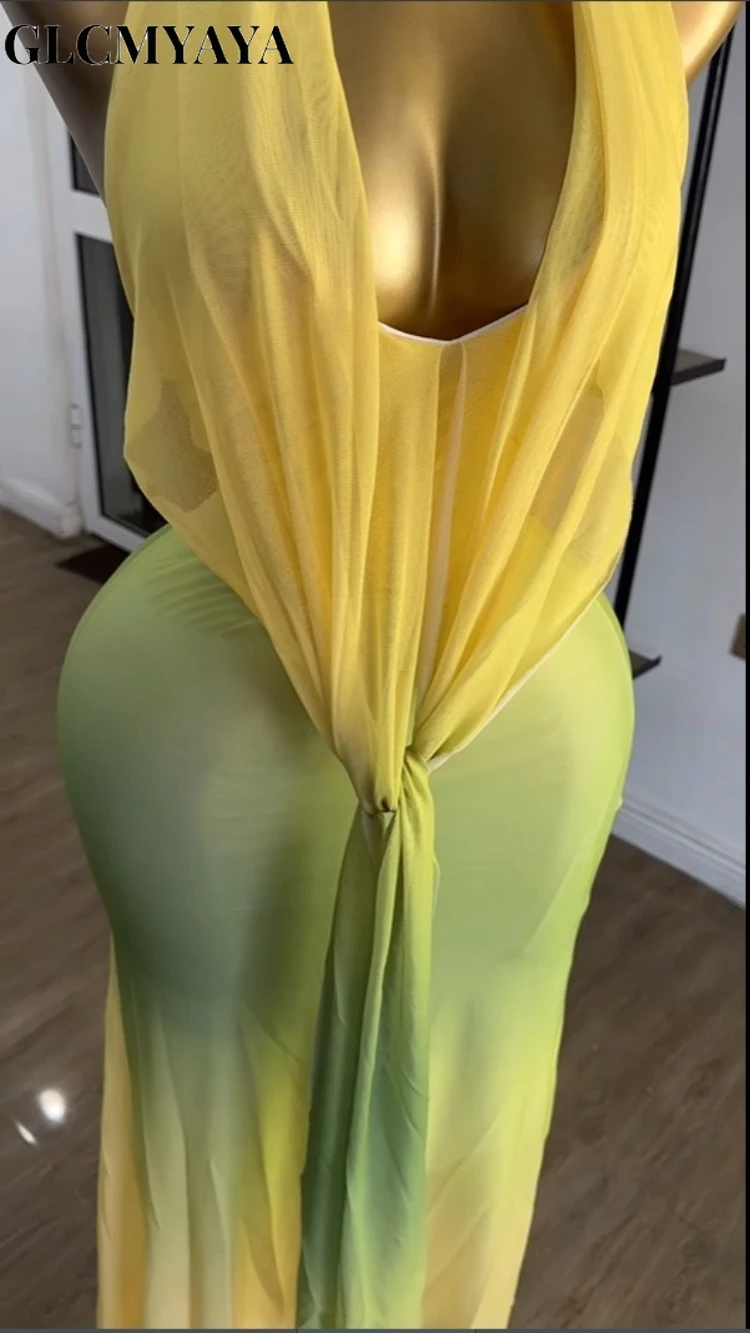 GLCMYAYA Women Gradient Printed Pile Collar Bodycon Midi Backless Maxi Long Dress 2025 Vacation Party Birthday Dresses Vestidos