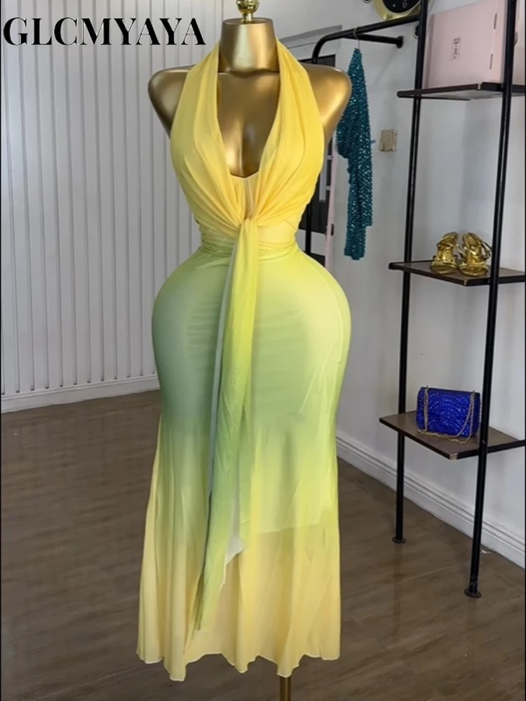 GLCMYAYA Women Gradient Printed Pile Collar Bodycon Midi Backless Maxi Long Dress 2025 Vacation Party Birthday Dresses Vestidos GLCMYAYA Women Gradient Printed Pile Collar Bodycon Midi Backless Maxi Long Dress 2025 Vacation Party Birthday Dresses Vestidos