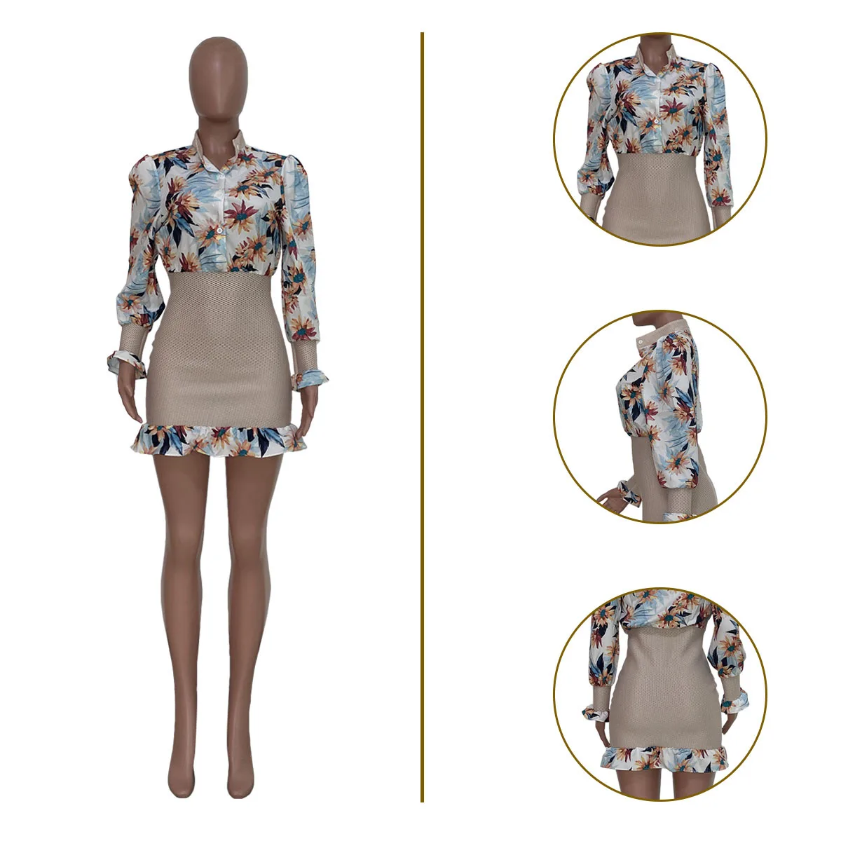 CM.YAYA Patchwork Ruffles Hem Floral Shirt Style Midi Dress  Women 2022 Sexy Party Club Streetwear Elegant Chic INS Sundress