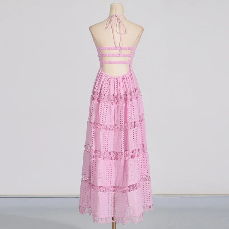 CM.YAYA Women Halter Neck Sleeveless Backless Hollow Out Maxi Long Dress 2025 Summer Birthday Vacation Beach Holiday Dresses