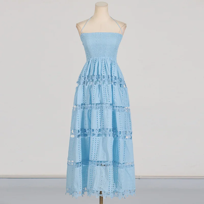 CM.YAYA Women Halter Neck Sleeveless Backless Hollow Out Maxi Long Dress 2025 Summer Birthday Vacation Beach Holiday Dresses