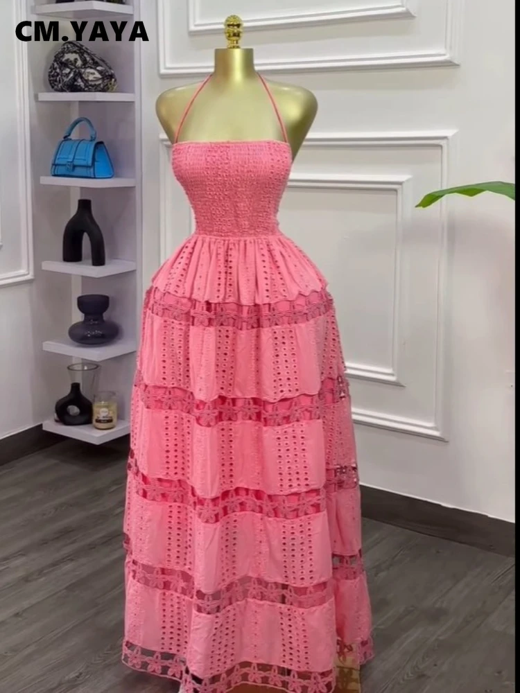 CM.YAYA Women Halter Neck Sleeveless Backless Hollow Out Maxi Long Dress 2025 Summer Birthday Vacation Beach Holiday Dresses