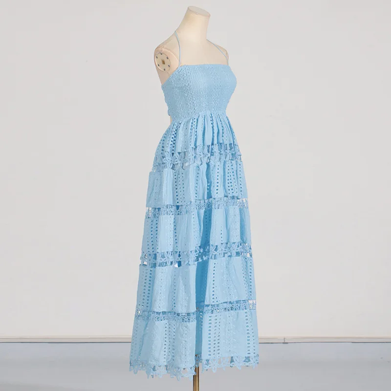 CM.YAYA Women Halter Neck Sleeveless Backless Hollow Out Maxi Long Dress 2025 Summer Birthday Vacation Beach Holiday Dresses