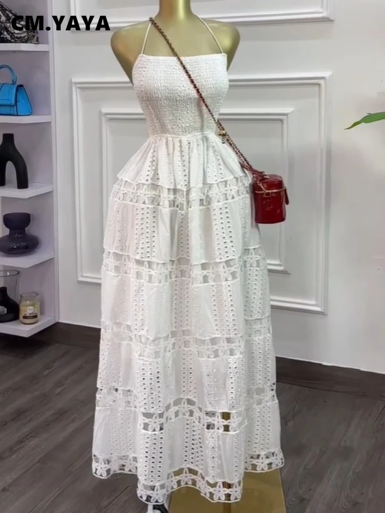CM.YAYA Women Halter Neck Sleeveless Backless Hollow Out Maxi Long Dress 2025 Summer Birthday Vacation Beach Holiday Dresses