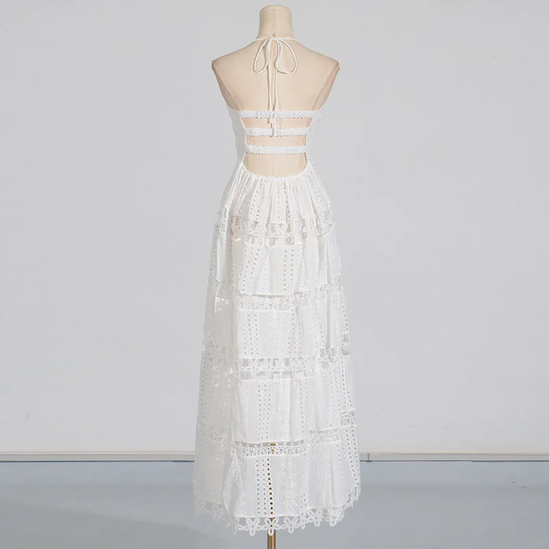 CM.YAYA Women Halter Neck Sleeveless Backless Hollow Out Maxi Long Dress 2025 Summer Birthday Vacation Beach Holiday Dresses