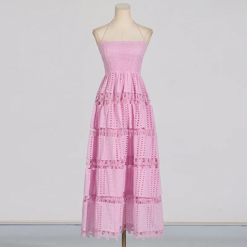 CM.YAYA Women Halter Neck Sleeveless Backless Hollow Out Maxi Long Dress 2025 Summer Birthday Vacation Beach Holiday Dresses