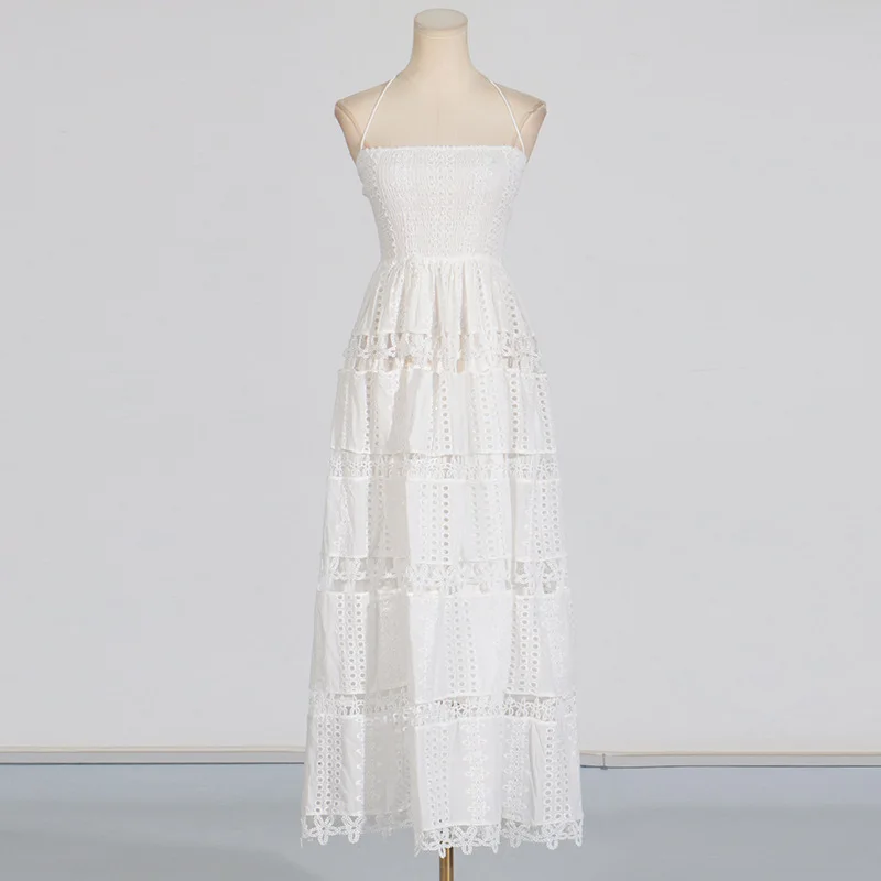 CM.YAYA Women Halter Neck Sleeveless Backless Hollow Out Maxi Long Dress 2025 Summer Birthday Vacation Beach Holiday Dresses