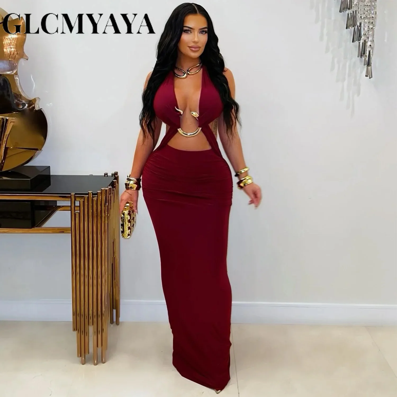 GLCMYAYA Women V-neck Sleeveless Hollow Out Ruched Long Dress 2026 Street Birthday Evening Sexy Party Maxi Dresses Vestidos GLCMYAYA Women V-neck Sleeveless Hollow Out Ruched Long Dress 2026 Street Birthday Evening Sexy Party Maxi Dresses Vestidos