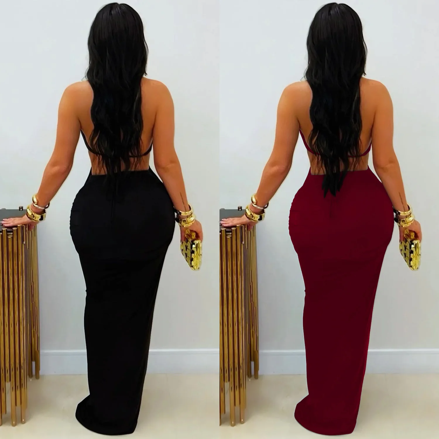 GLCMYAYA Women V-neck Sleeveless Hollow Out Ruched Long Dress 2026 Street Birthday Evening Sexy Party Maxi Dresses Vestidos