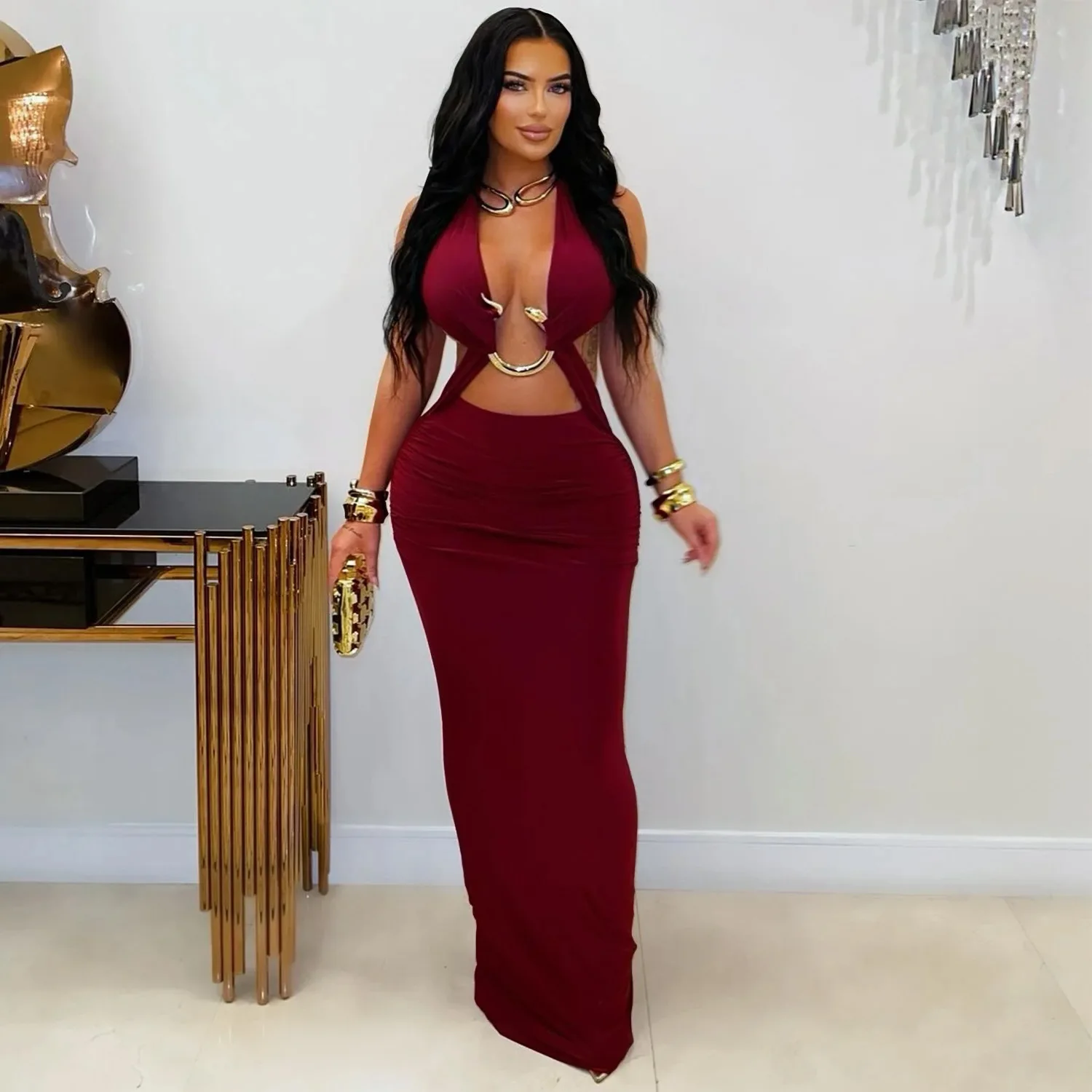 GLCMYAYA Women V-neck Sleeveless Hollow Out Ruched Long Dress 2026 Street Birthday Evening Sexy Party Maxi Dresses Vestidos