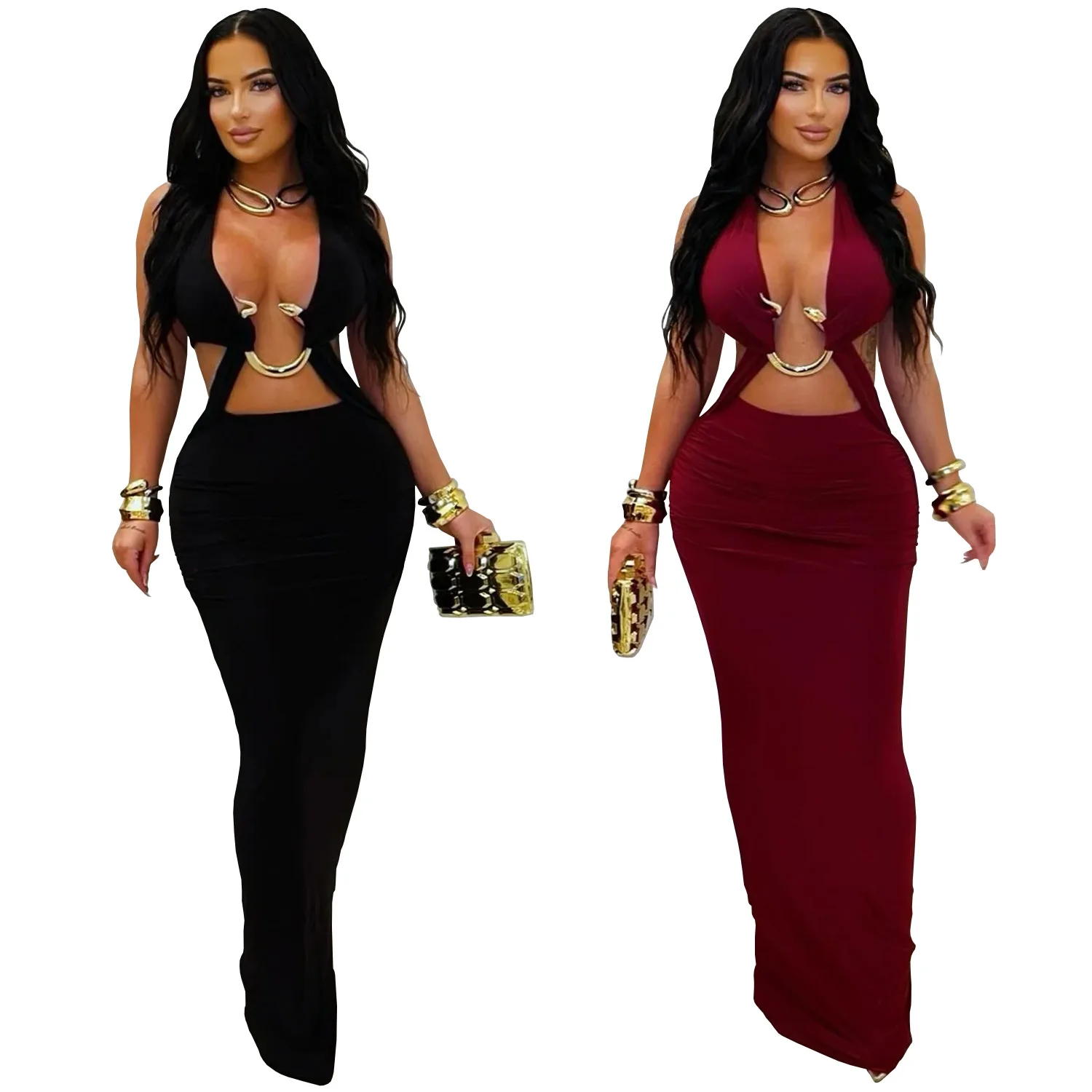 GLCMYAYA Women V-neck Sleeveless Hollow Out Ruched Long Dress 2026 Street Birthday Evening Sexy Party Maxi Dresses Vestidos