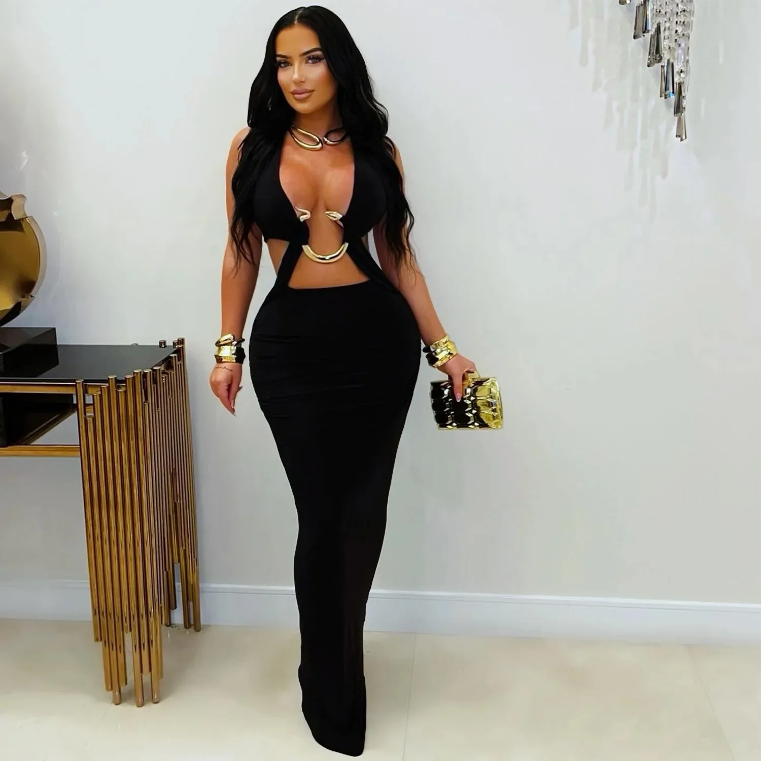 GLCMYAYA Women V-neck Sleeveless Hollow Out Ruched Long Dress 2026 Street Birthday Evening Sexy Party Maxi Dresses Vestidos