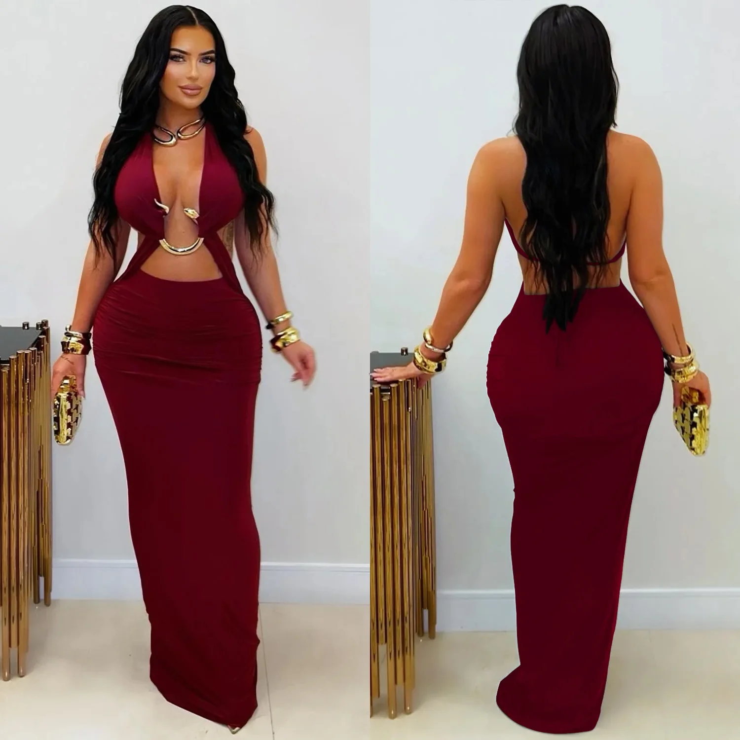 GLCMYAYA Women V-neck Sleeveless Hollow Out Ruched Long Dress 2026 Street Birthday Evening Sexy Party Maxi Dresses Vestidos