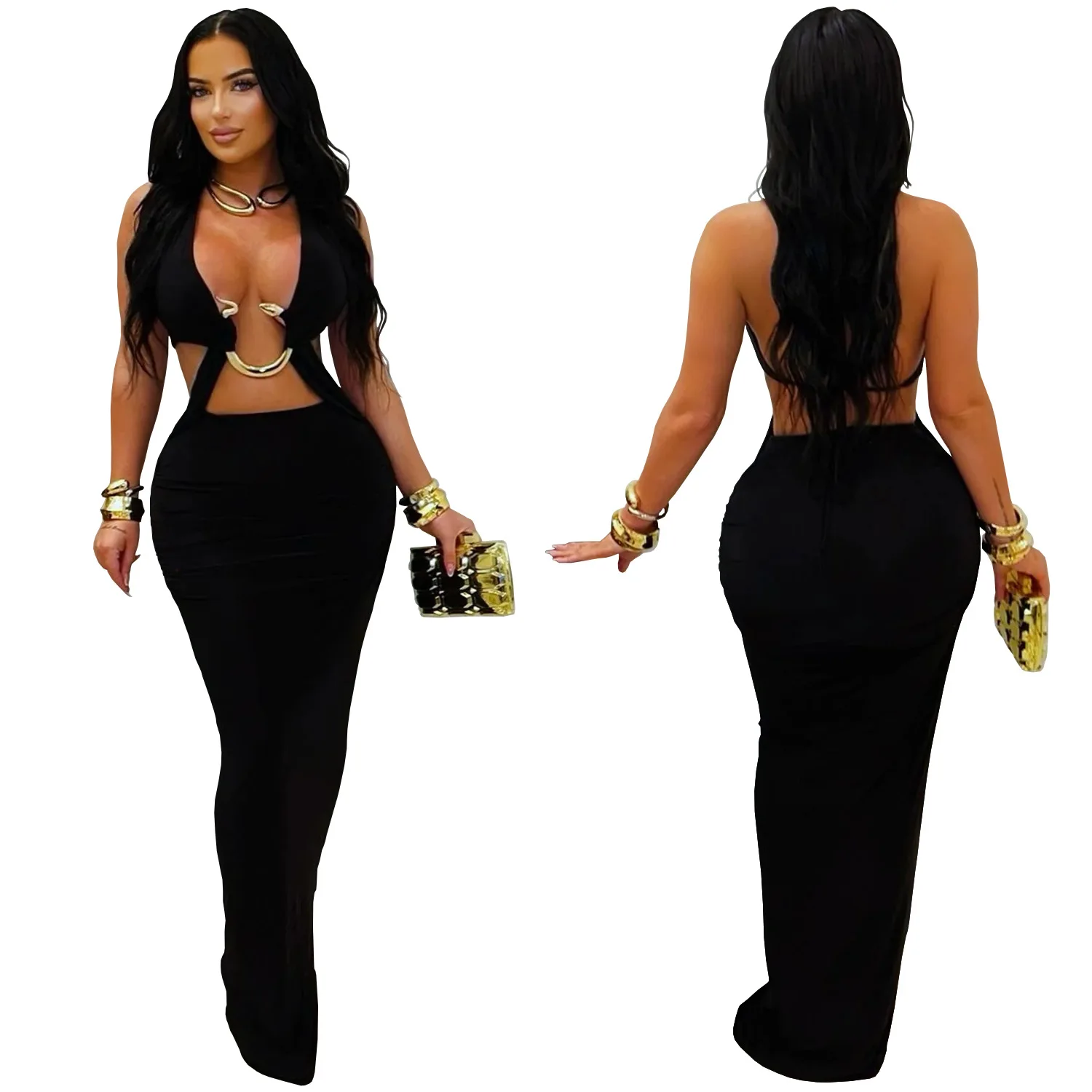 GLCMYAYA Women V-neck Sleeveless Hollow Out Ruched Long Dress 2026 Street Birthday Evening Sexy Party Maxi Dresses Vestidos