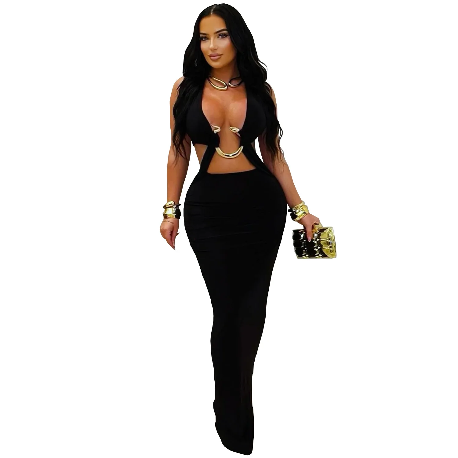 GLCMYAYA Women V-neck Sleeveless Hollow Out Ruched Long Dress 2026 Street Birthday Evening Sexy Party Maxi Dresses Vestidos