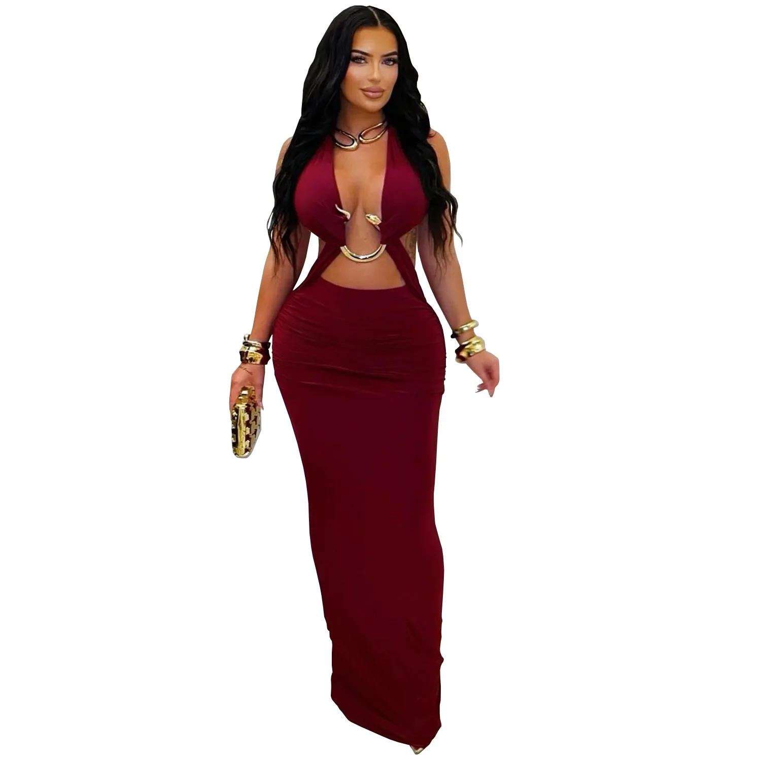 GLCMYAYA Women V-neck Sleeveless Hollow Out Ruched Long Dress 2026 Street Birthday Evening Sexy Party Maxi Dresses Vestidos