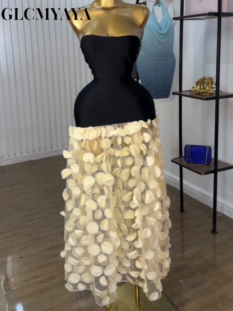 GLCMYAYA Women Applique Patchwork Strapless Bodycon Midi Maxi Long Dress 2025 Summer Birthday Vacation Holiday Dresses Vestidos