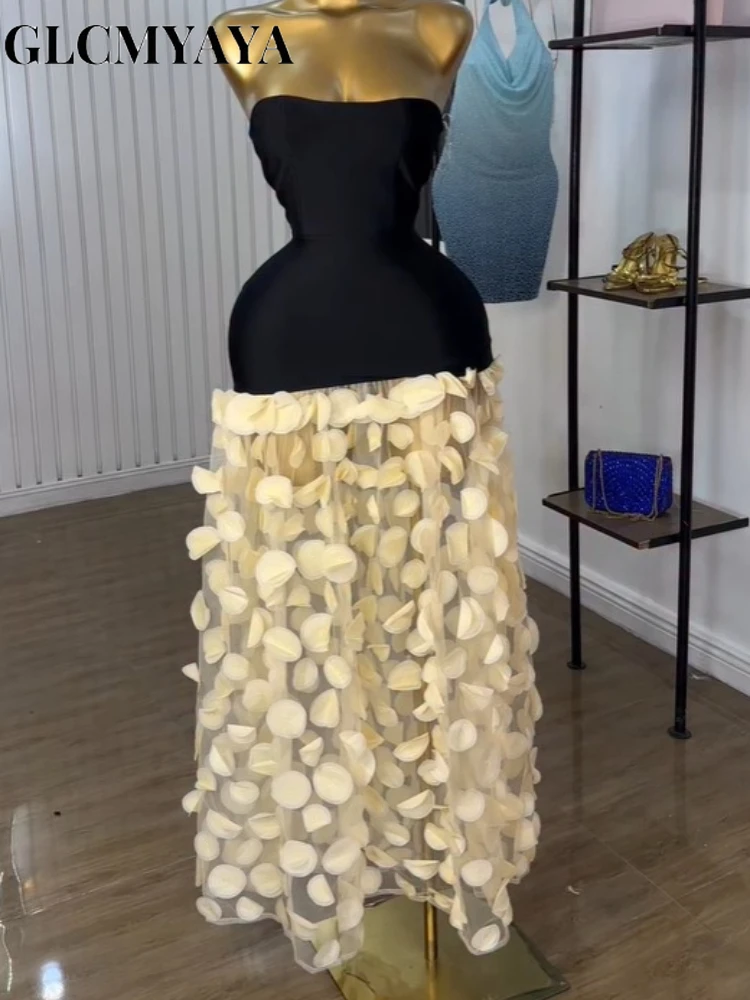 GLCMYAYA Women Applique Patchwork Strapless Bodycon Midi Maxi Long Dress 2025 Summer Birthday Vacation Holiday Dresses Vestidos